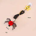 Red and yellow cat hanging door toy with elastic rope, feather stick, bell, and spider attachment.