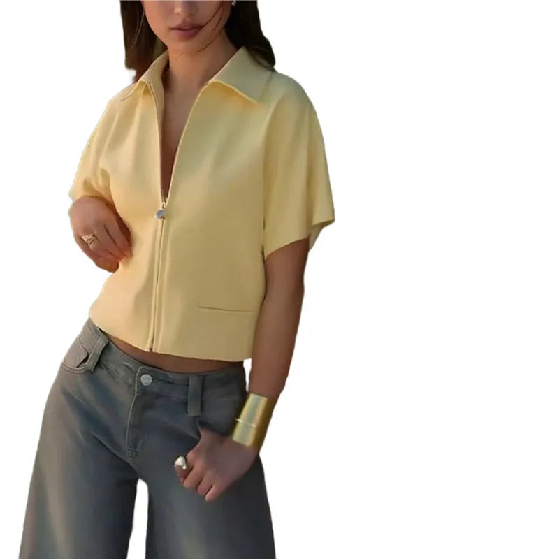 Man wearing a loose-fit yellow short sleeve casual polyester top.