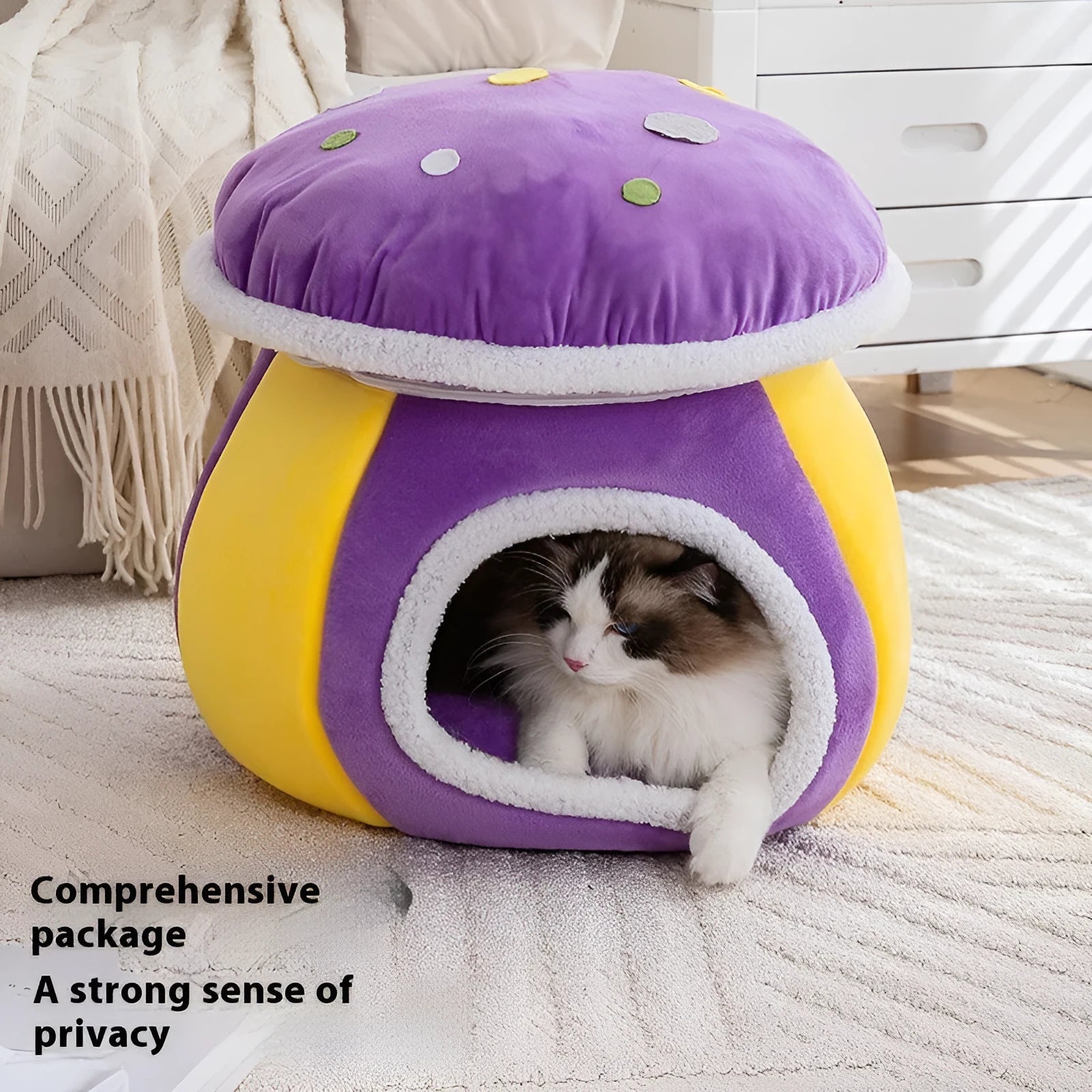 Grey mushroom-shaped plush cat bed on a wooden floor