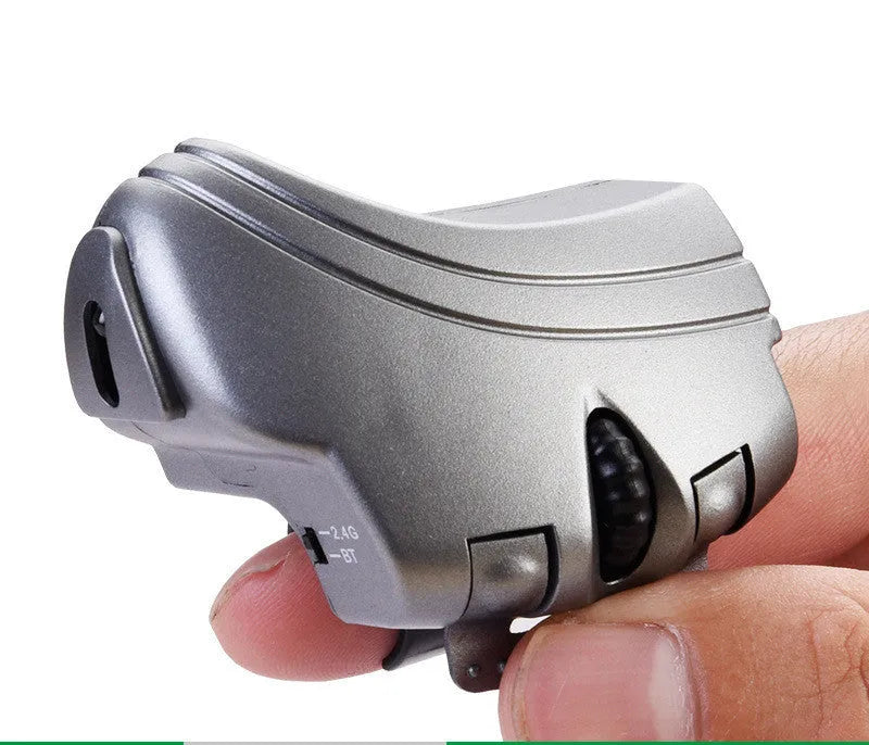 Black and silver grey finger ring mouse, 2.4GHz wireless, 1000dpi optical, 60mm by 40mm, rechargeable, three keys