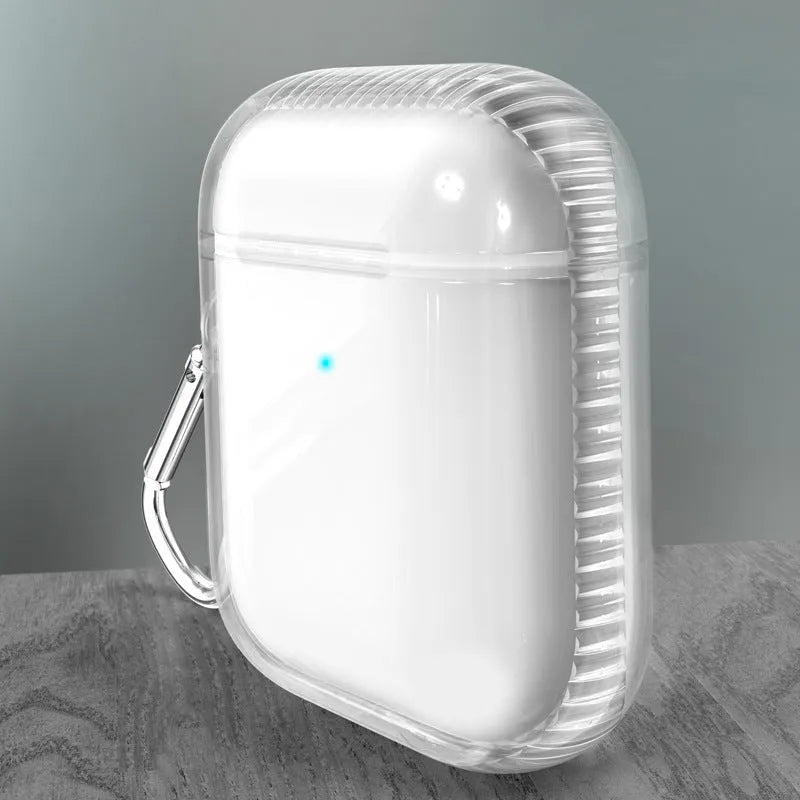 Transparent TPU soft case for AirPods 2 with airbag shock protection, showing snug fit and clear finish