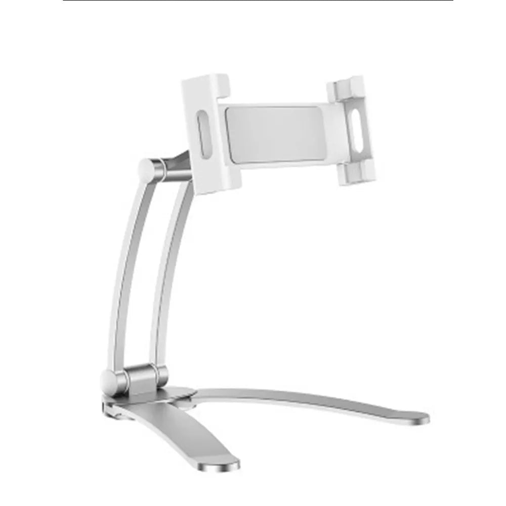 Silver aluminum alloy desktop tablet stand with white mount holding a tablet at an angle