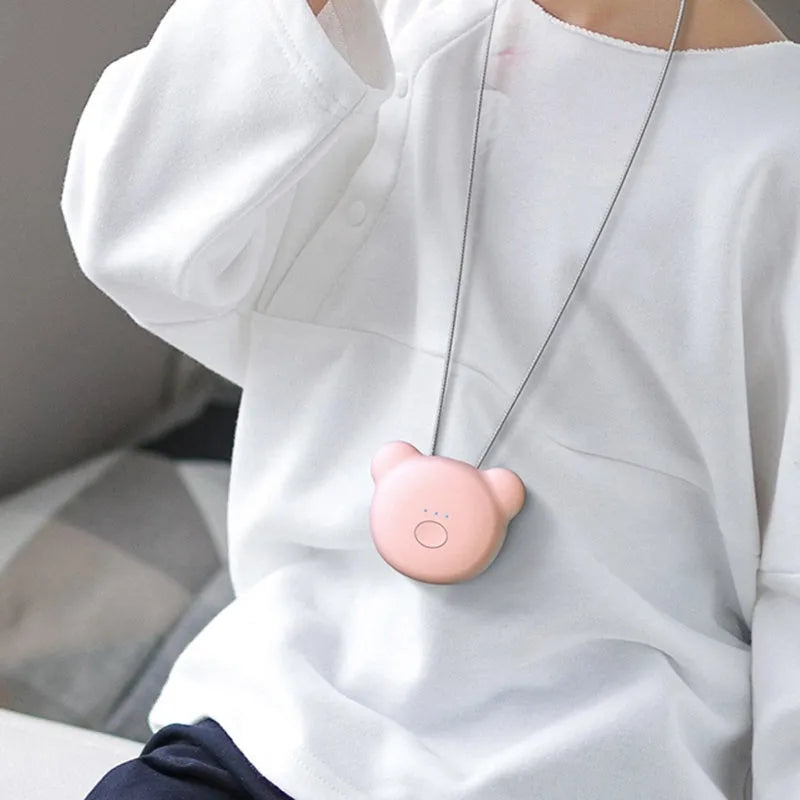 USB portable air purifier necklace in blue, pink, grey or white colour options.