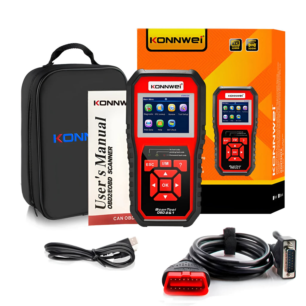 KW850 OBD2 scanner with TFT colour display, One-Click I/M Readiness Key and built-in speaker for car engine fault code reading
