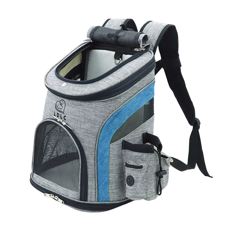 Breathable pet backpack in gray, showing mesh ventilation panels and zippered entry, for cats and dogs up to 20 kg
