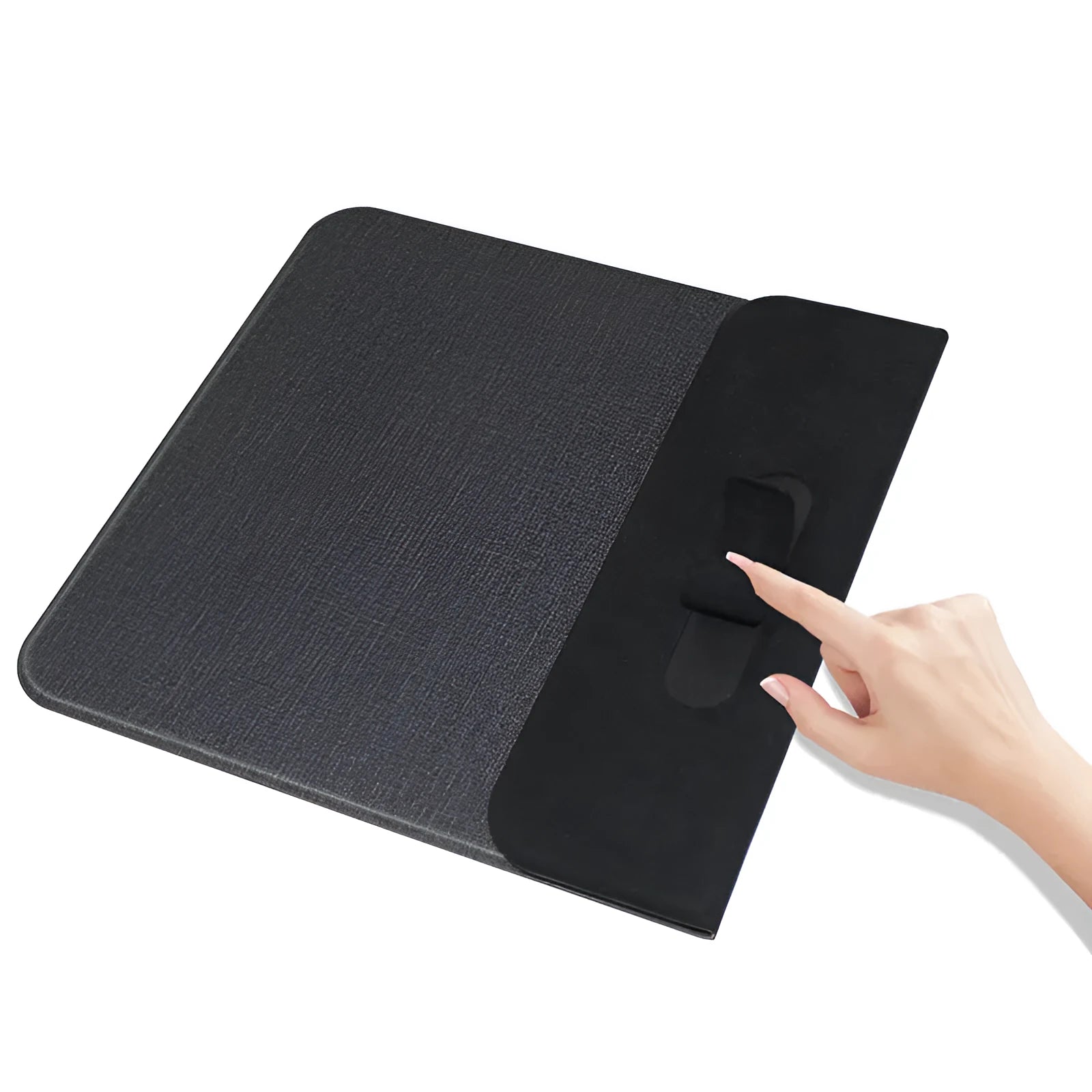 Foldable cloth phone holder with wireless charging, shown upright with a phone on it.
