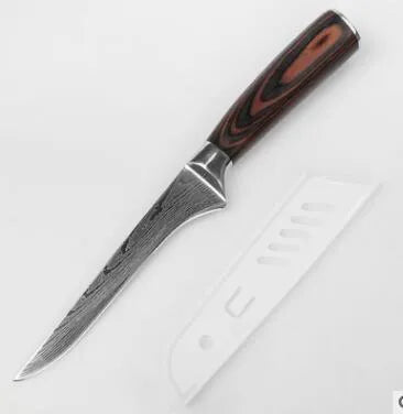 7Cr17 stainless steel chef knife with 18cm blade, laser Damascus pattern, and coloured wood handle