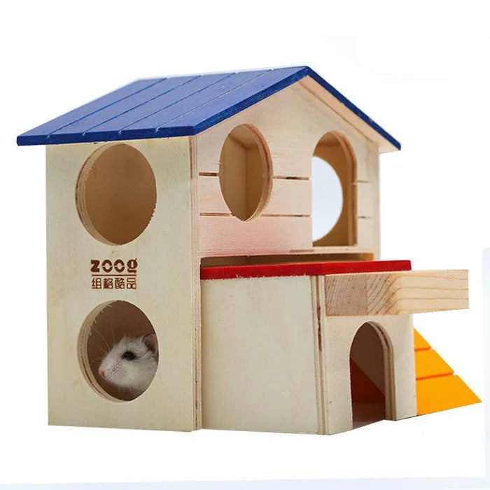 Wooden hamster toy blue top villa chalet 17x17x15cm small pet molar decompression hideout