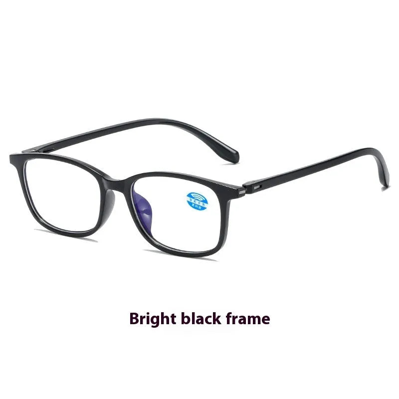 TR90 zoom HD full frame presbyopic glasses with intelligent zoom, shown in blue, black, grey, purple, red, and sand black frame options.