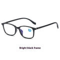 TR90 zoom HD full frame presbyopic glasses with intelligent zoom, shown in blue, black, grey, purple, red, and sand black frame options.