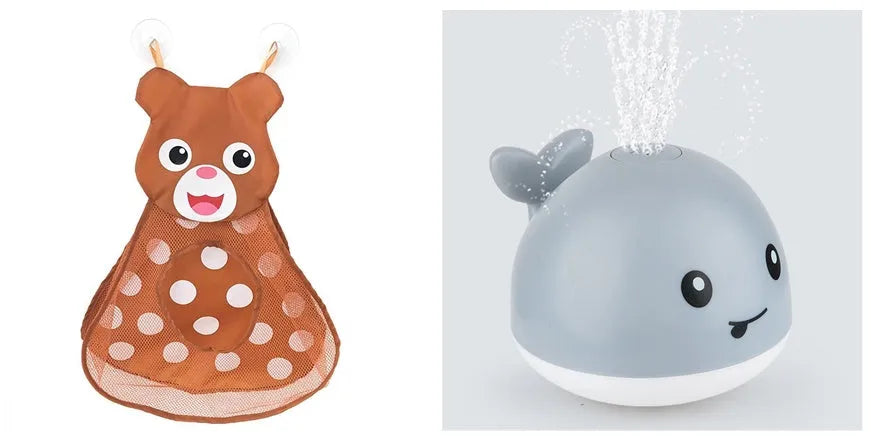Automatic electric whale bath toy spraying water with LED lights on, floating in a baby bath.