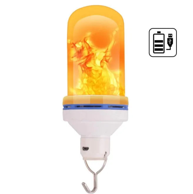 LED flame lamp bulb with dynamic moving fire effect, warm orange glow, E26 base, and USB power