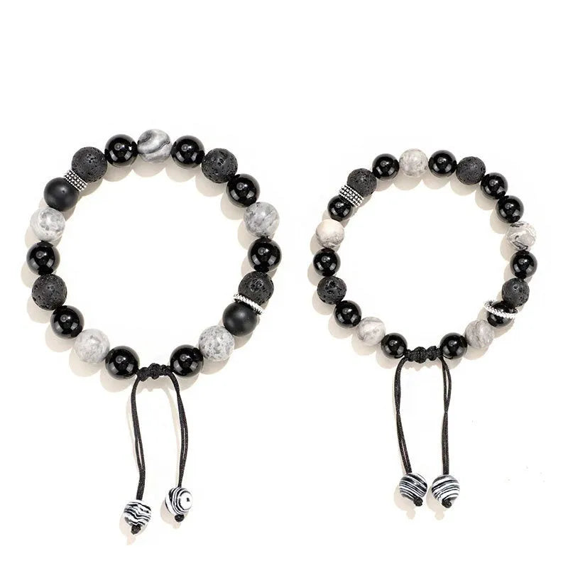 Black agate map stone volcanic bracelet with diamond-shaped beads in 8mm and 10mm sizes