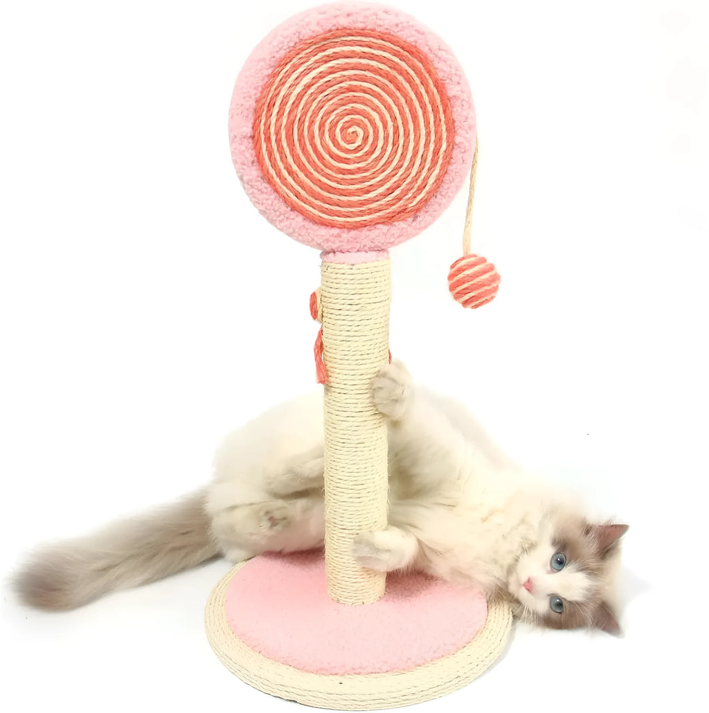 Blue cat scratching post with sisal rope and hanging ball on wooden base
