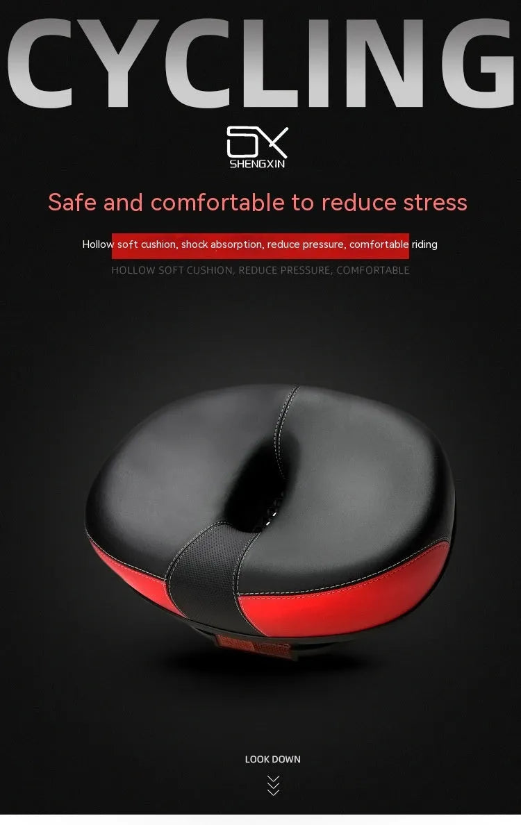 Large thickened bicycle saddle in red, grey, or light brown with reflective stickers.
