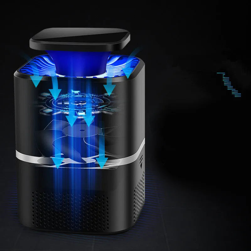 Photocatalyst mosquito killer in white or black with USB cable, blue light attraction and physical trapping, over 150 square metres coverage.