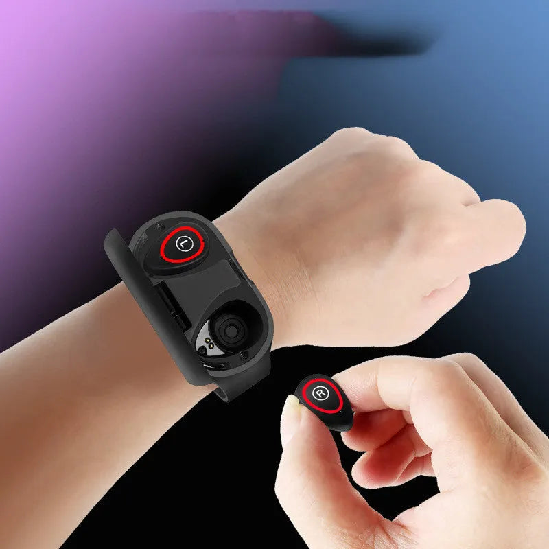 Blue smart bracelet and earphone combo with 1-inch screen on a silicone wristband.
