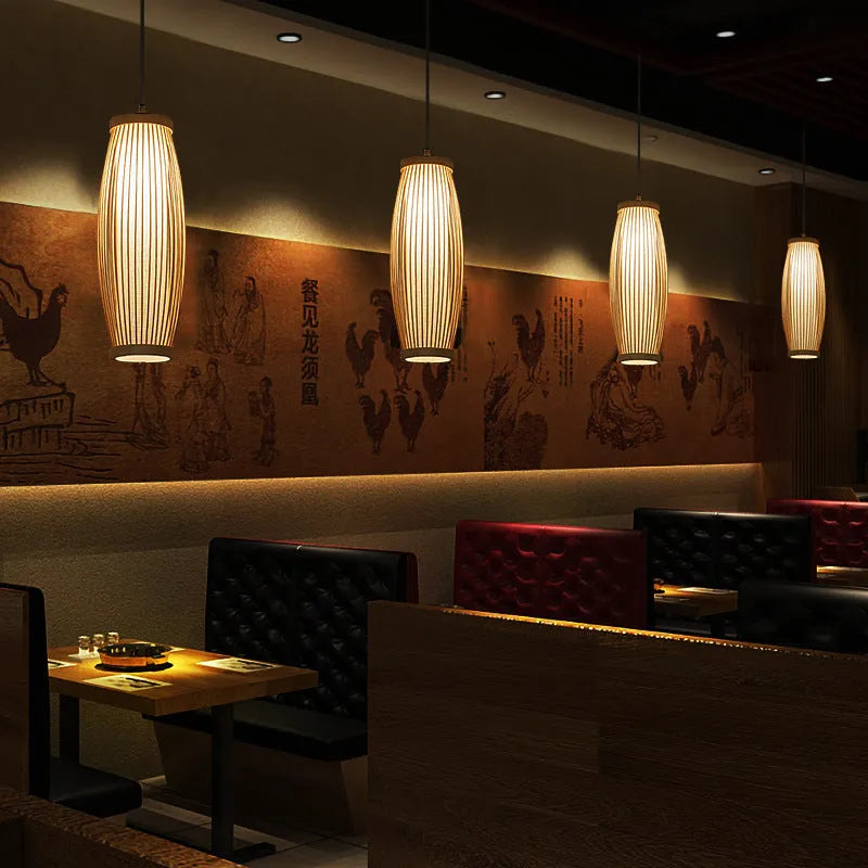 Bamboo woven dining room lantern chandelier New Chinese style with warm and white LED 300mm
