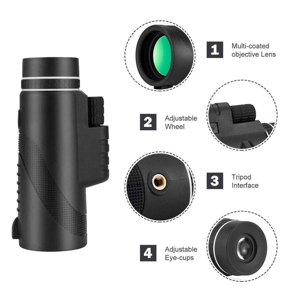 Black 40x60 smartphone monocular telescope with mounting adapter on a phone for HD observation.