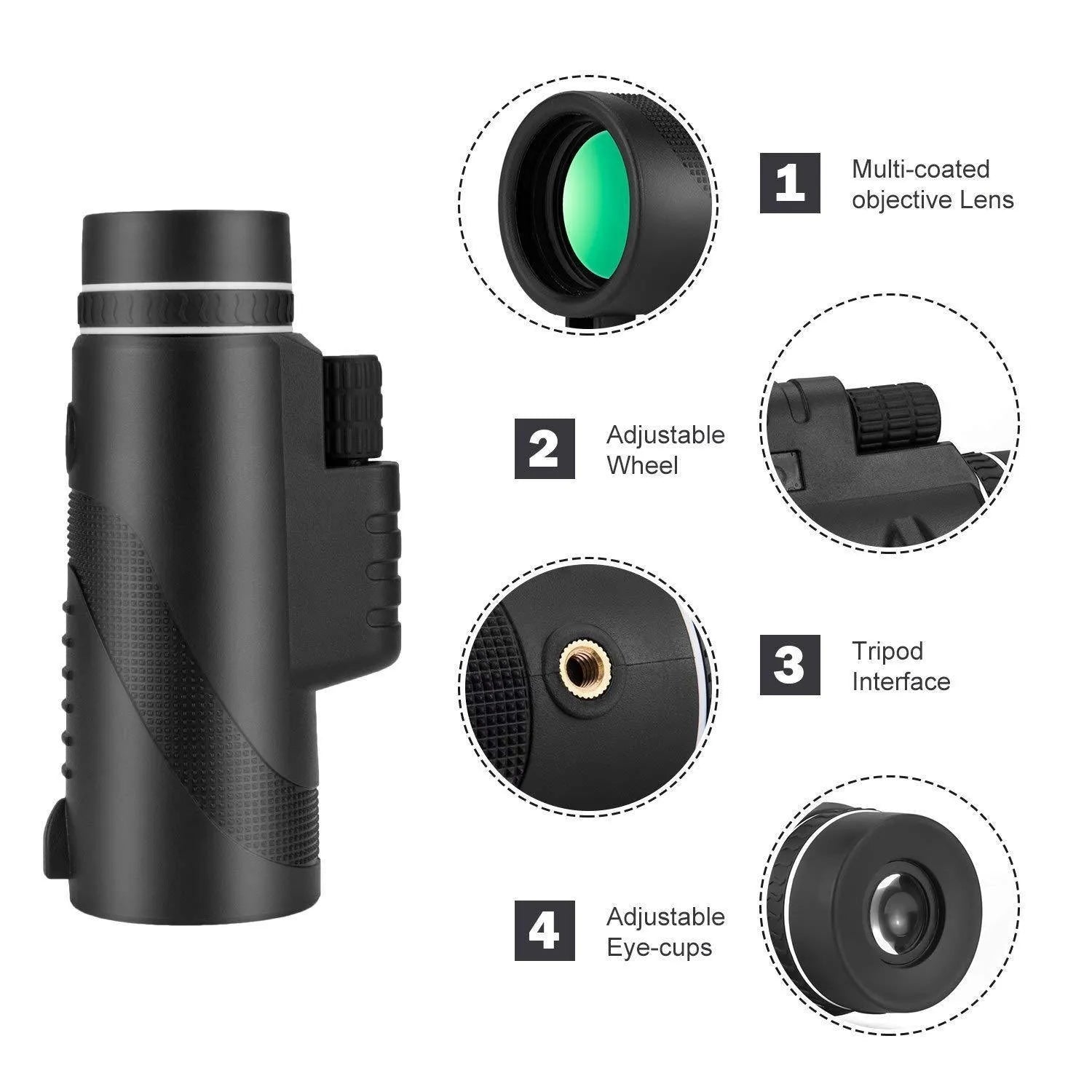 Black 40x60 smartphone monocular telescope with mounting adapter on a phone for HD observation.