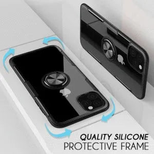 Black PU leather back cover case fitted on an iPhone 11 Pro Max showing full access to camera and ports.