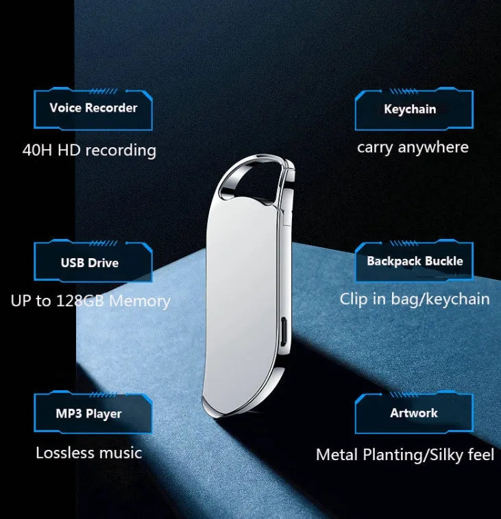 Metal keychain digital voice recorder in black on plain background showing USB port and controls