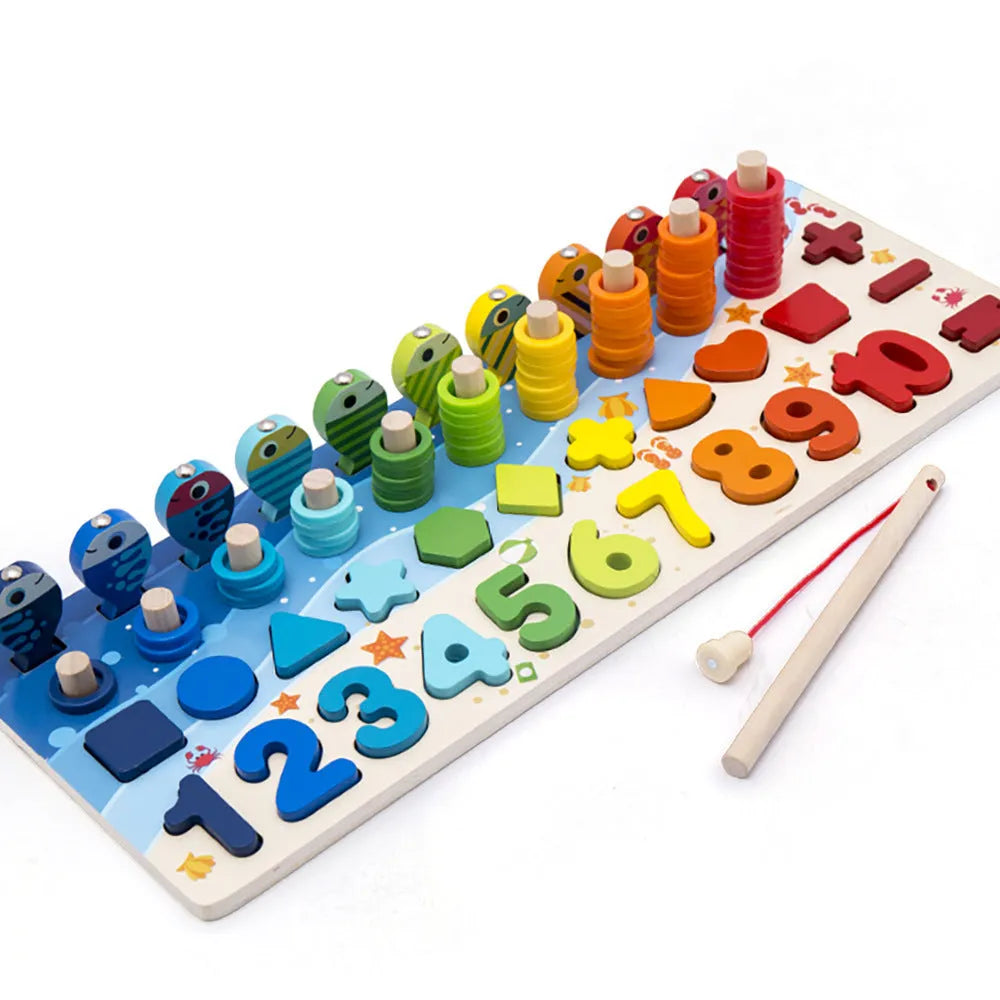 Wooden 3D alphabet and number puzzle toy with multicolour geometric pieces for toddlers.