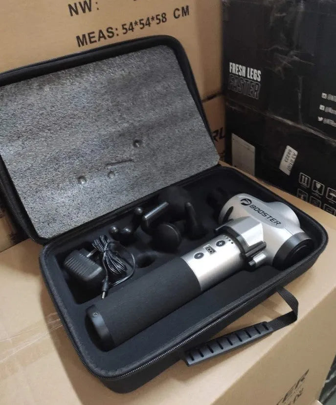 Black and white muscle massage gun with adjustable speed settings for deep tissue relief.
