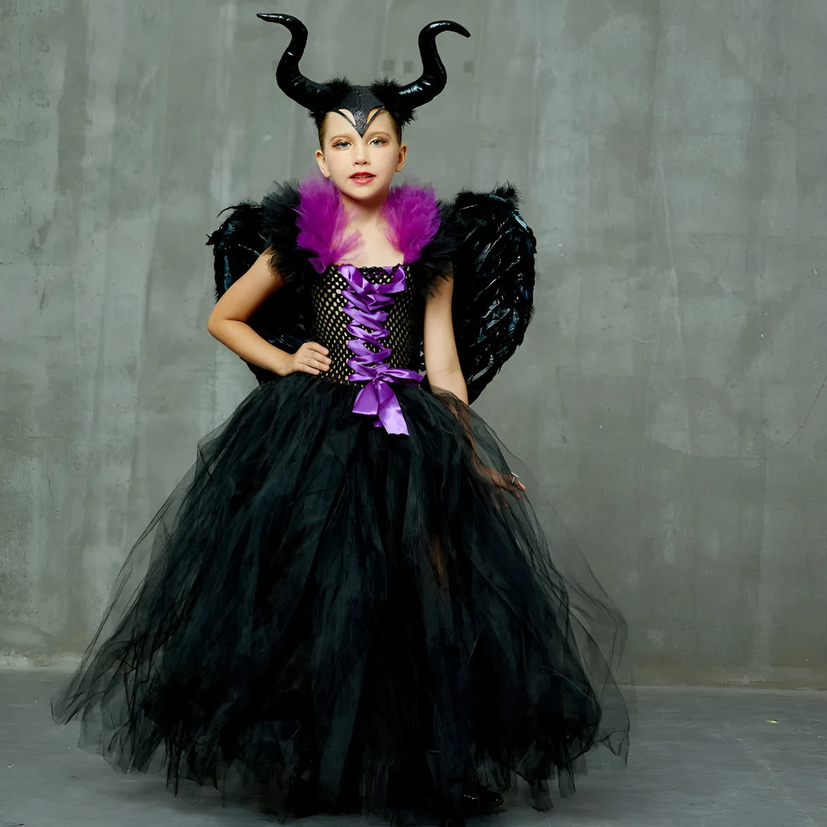 Halloween children dress costume with optional horn and wing, sizes 2T to 10 for Halloween performance