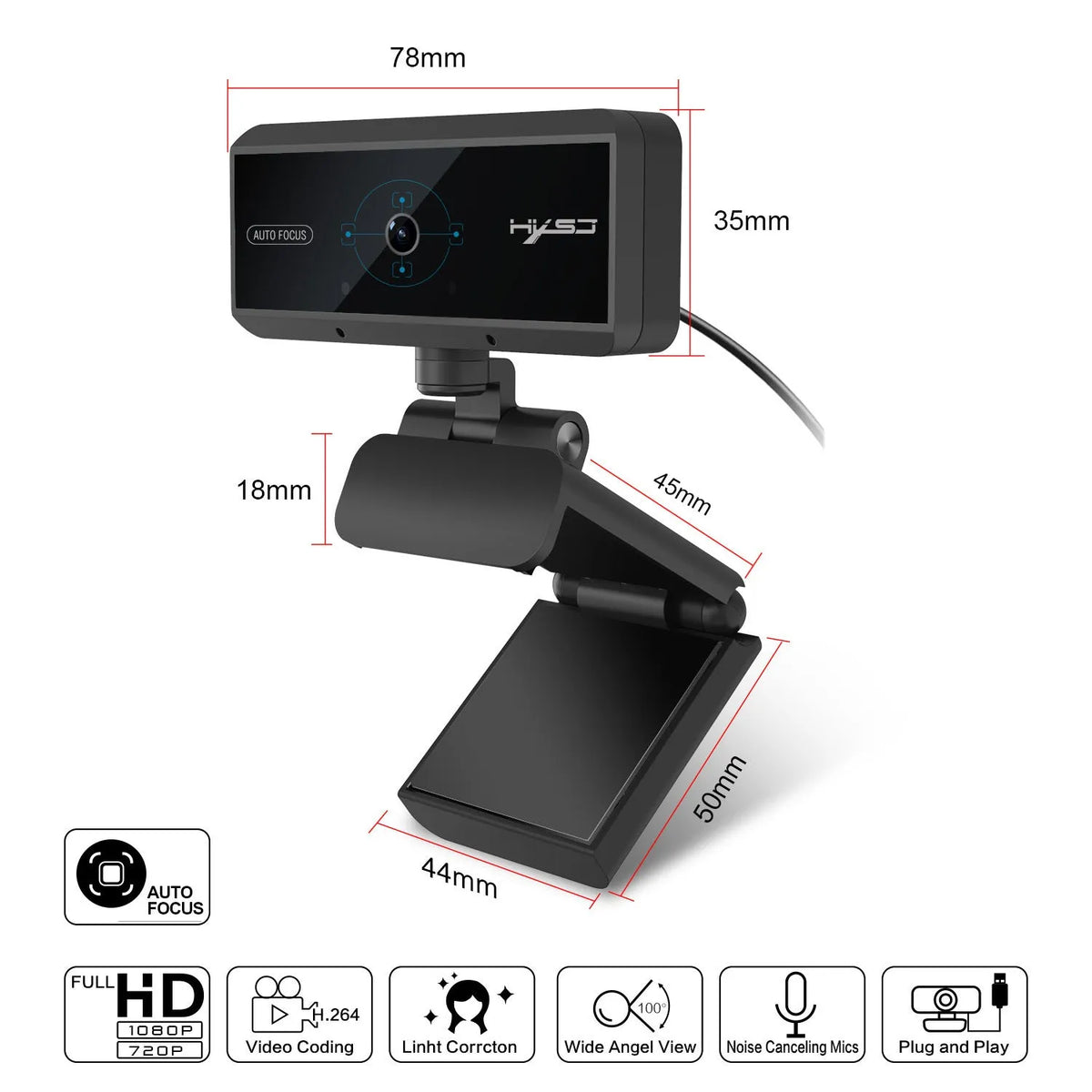 Black HD computer video camera with 5MP CMOS sensor, autofocus, USB 2.0, 1.7m cable for Windows desktop use