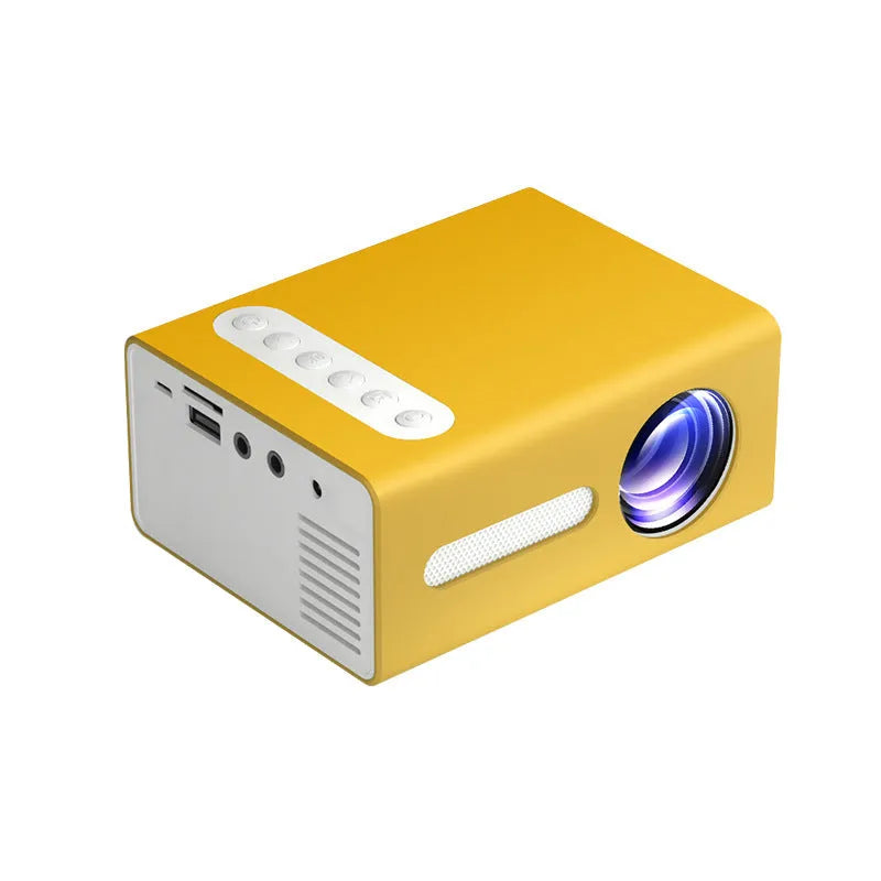 Mini LED projector in black, blue or yellow with HD 1080P support, 16-100 inch screen, HDMI USB AV ports.