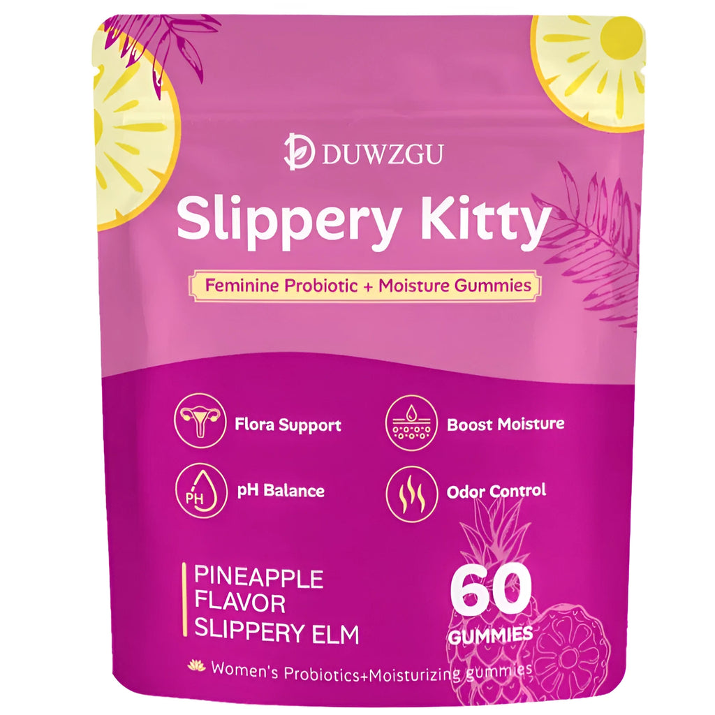 Jar of female probiotic moisturizing gummy supplements with natural fruit flavours for daily use