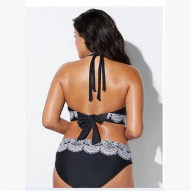 Black printed split bikini two-piece swimsuit with chest pad, nylon, sizes XL to 5XL