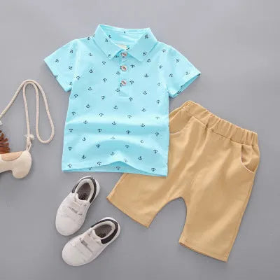 Children's anchor print cotton pants suit set in Korean style with short sleeves