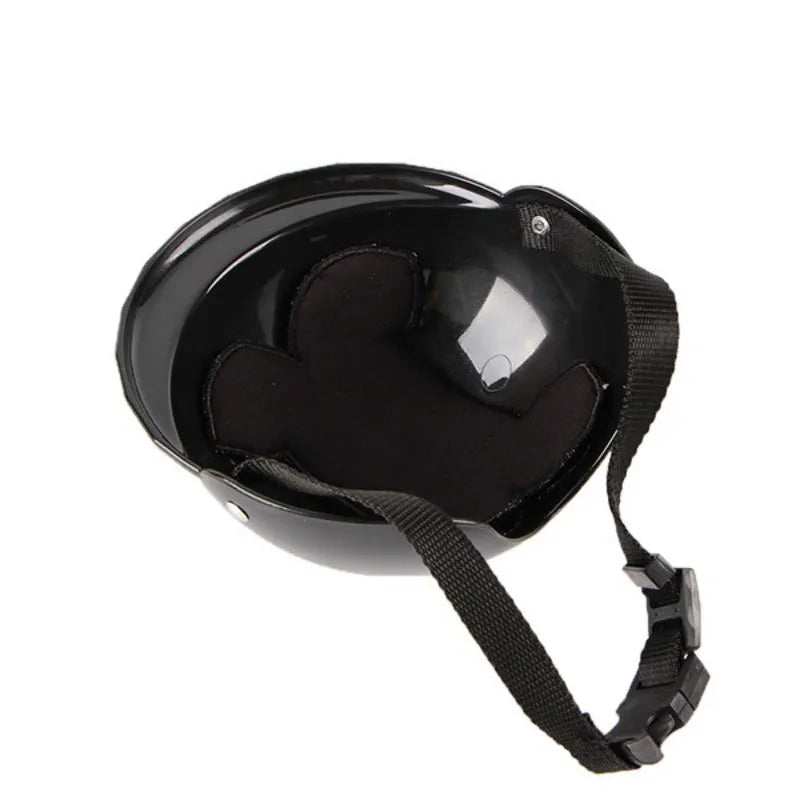ABS pet toy helmet in black with rivet link belt and sponge pad inside, shown in size S, M or L