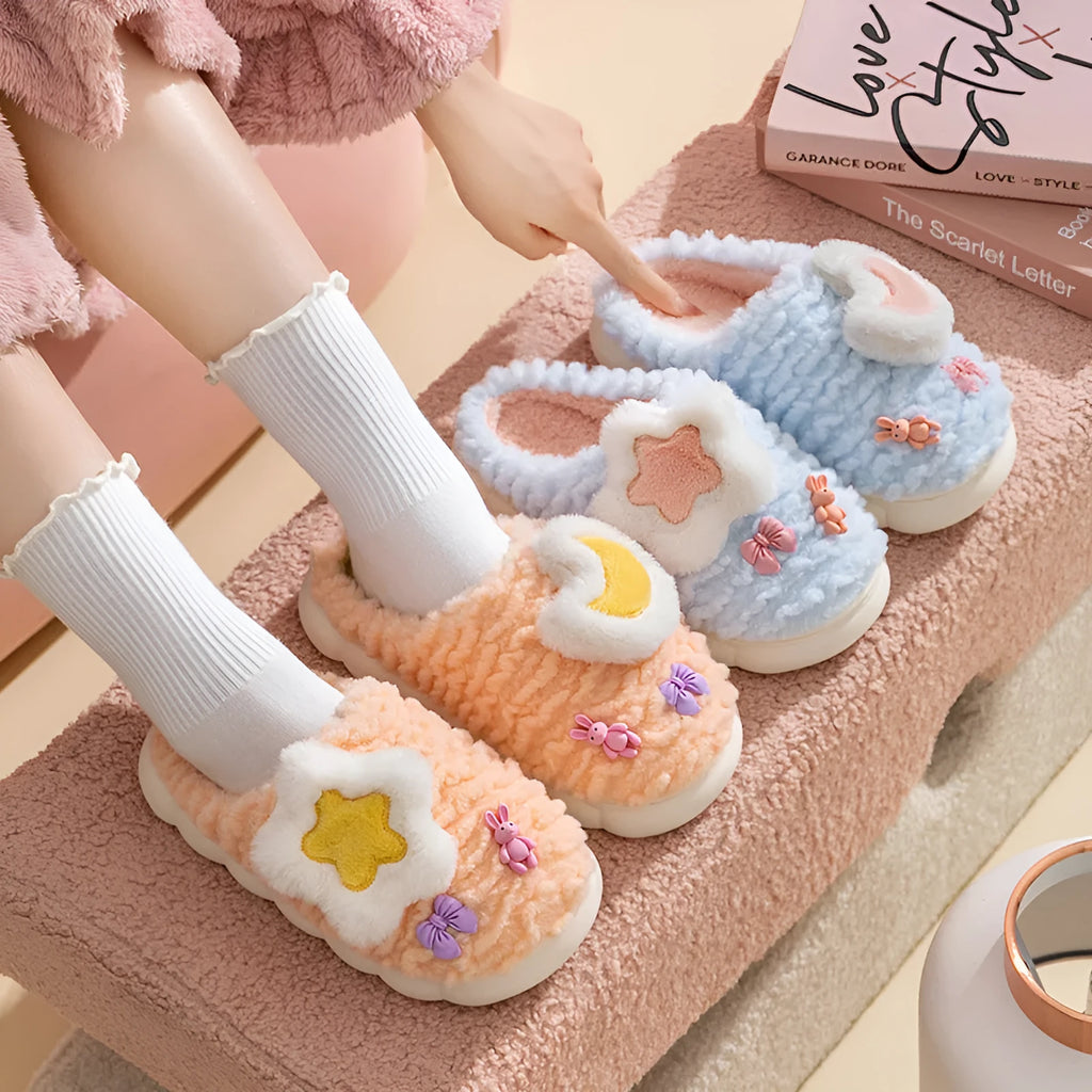 Women's light blue cartoon fleece-lined slippers with animal print and PVC sole