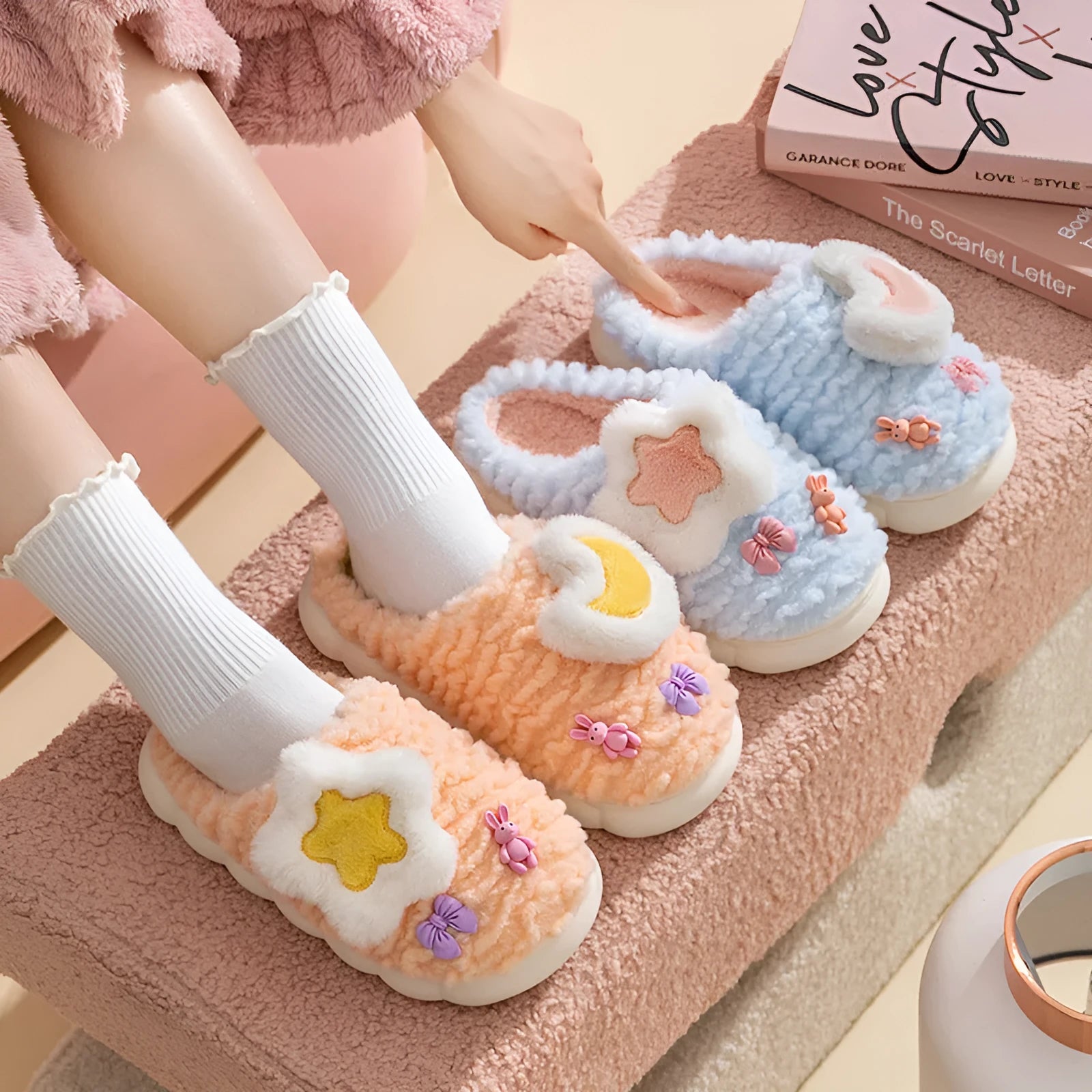 Women's light blue cartoon fleece-lined slippers with animal print and PVC sole