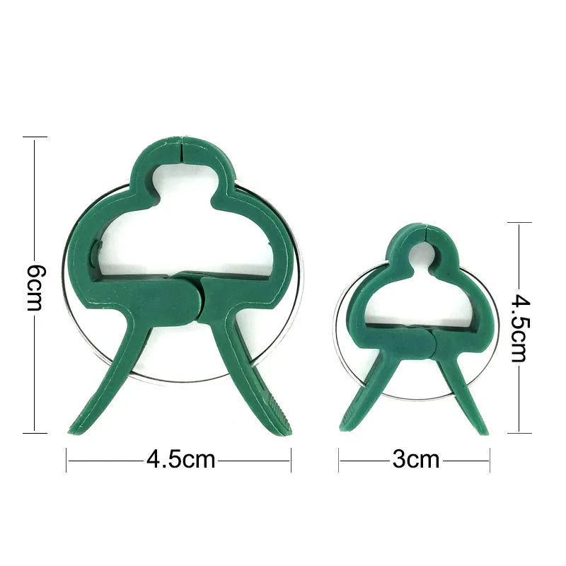 Green plastic and zinc plant fixing clips in large and small sizes for supporting climbing plants in the garden.