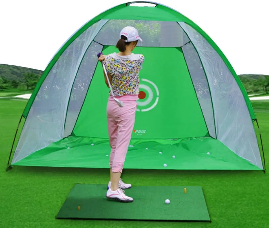 Black and green golf practice net tent set up on grass with fibreglass poles and target sheet