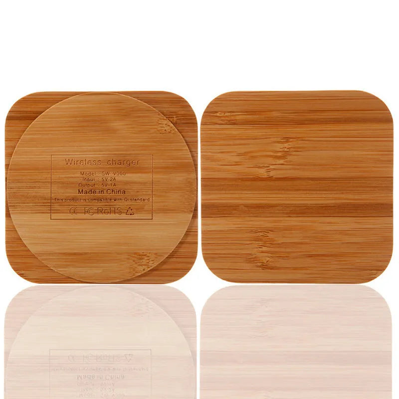 Square wooden bamboo 5W wireless charging pad for smartphones on a desk