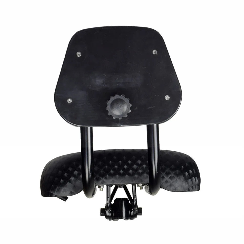 Black mountain bike saddle with front cushion support, compact 25 cm size, on a bicycle