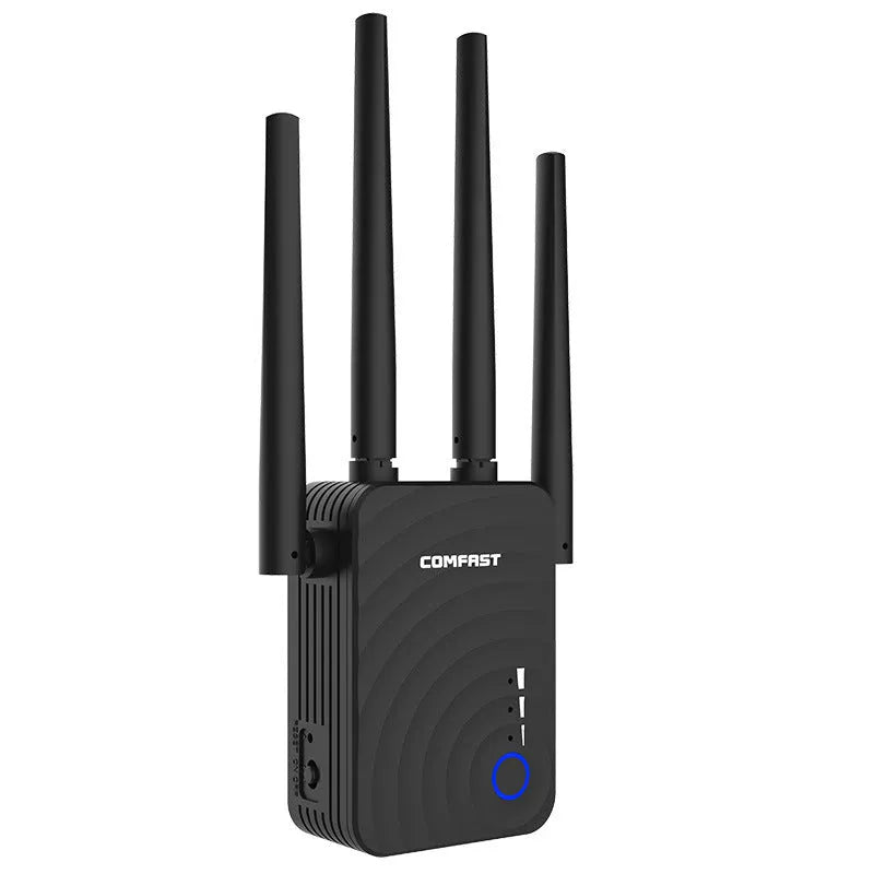 AC1200 dual band WiFi range extender with four 3dBi antennas, black, on white background