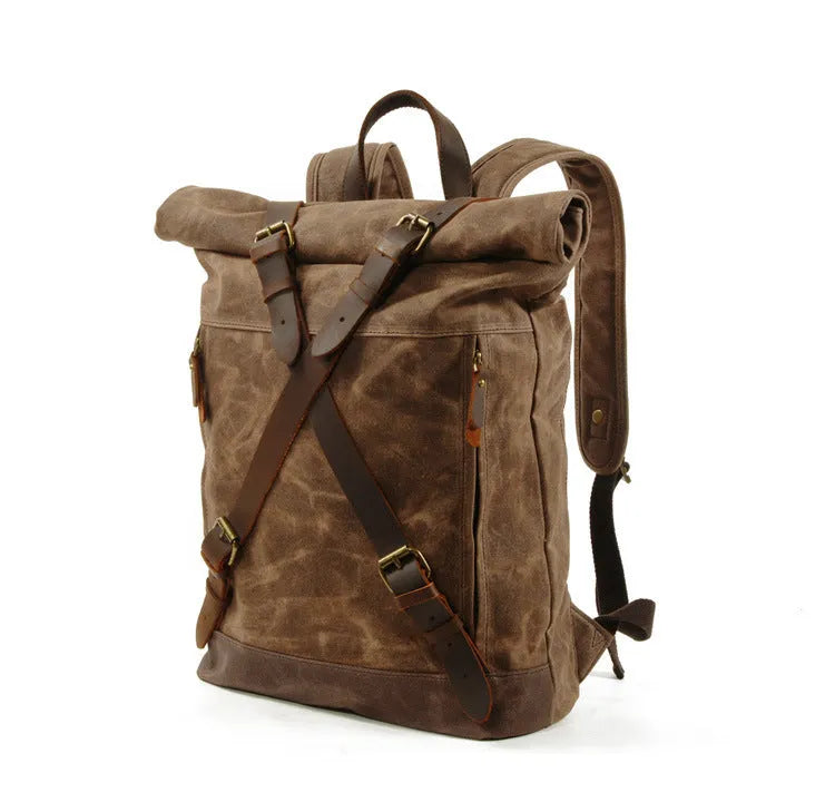 Waterproof canvas rucksack with linen lining, 20-35L capacity, softback design, shown in black, coffee, or celadon colour options.