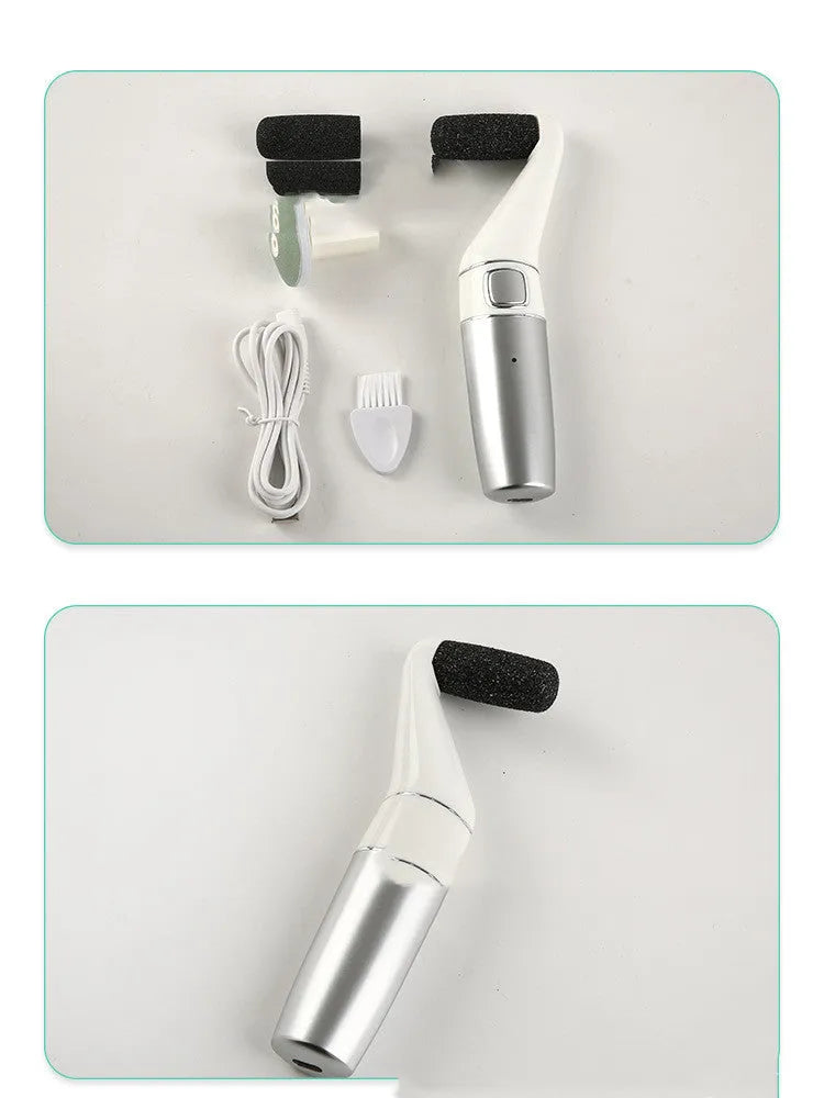 USB rechargeable electric foot file with three replacement rollers for callus and nail care, silver white ABS body on a clean surface