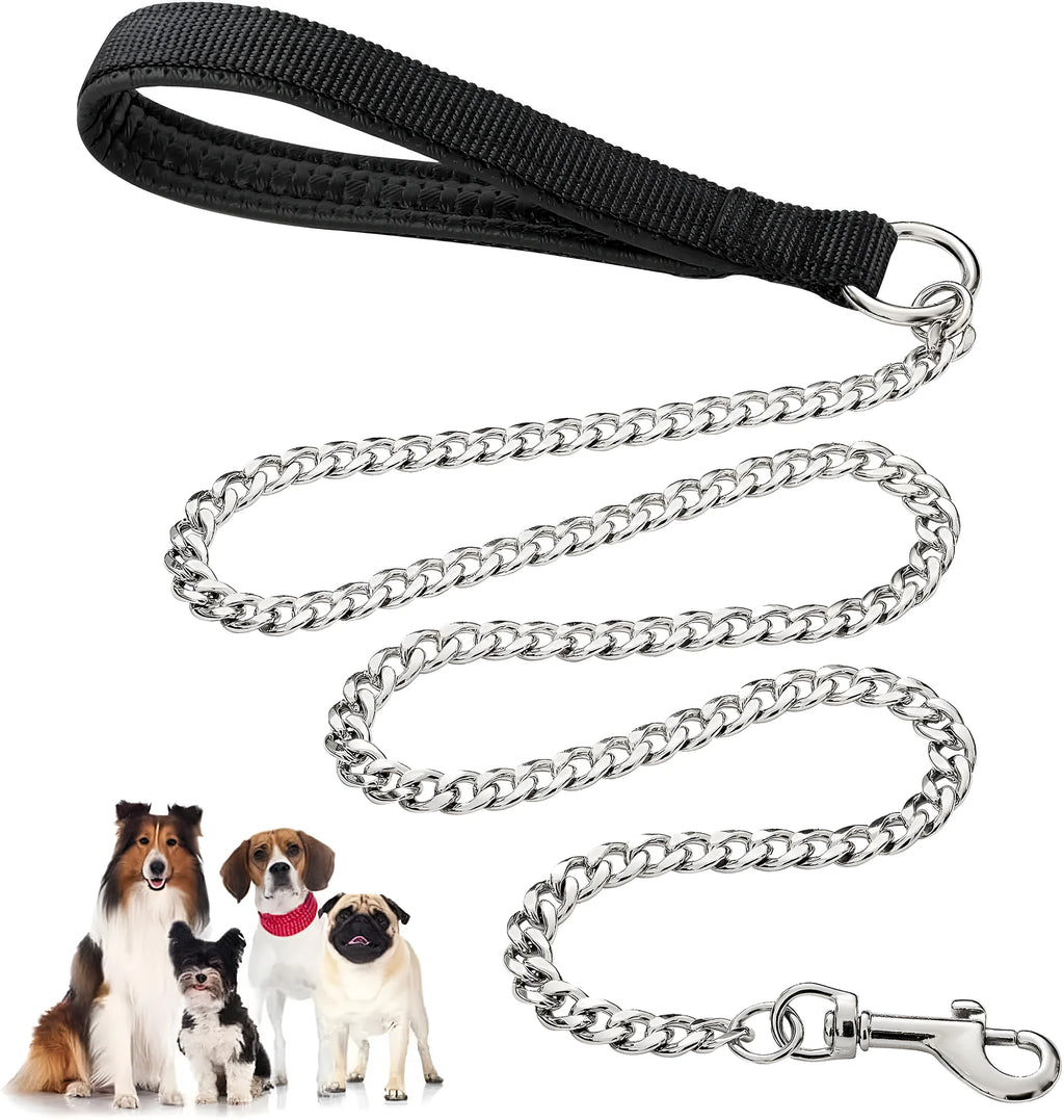 Black heavy duty metal dog chain leash with a soft blue padded handle, shown at full 120cm length.