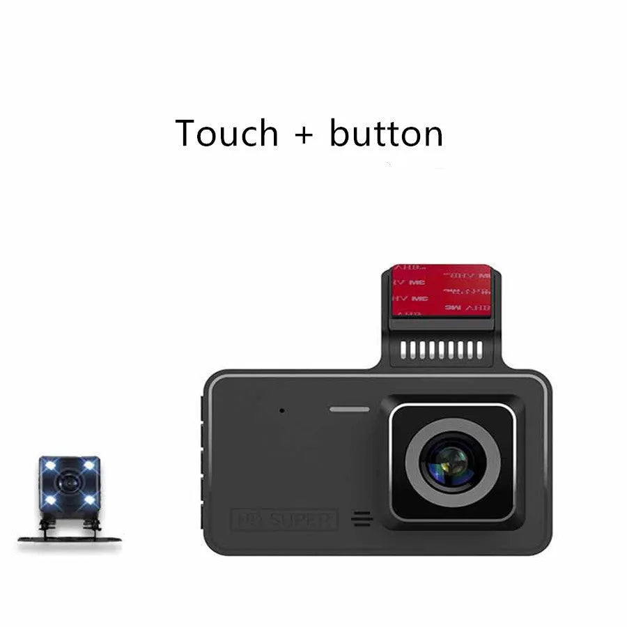 4-inch adhesive dashcam with dual lens, touch controls, and wide-angle lens for car recording
