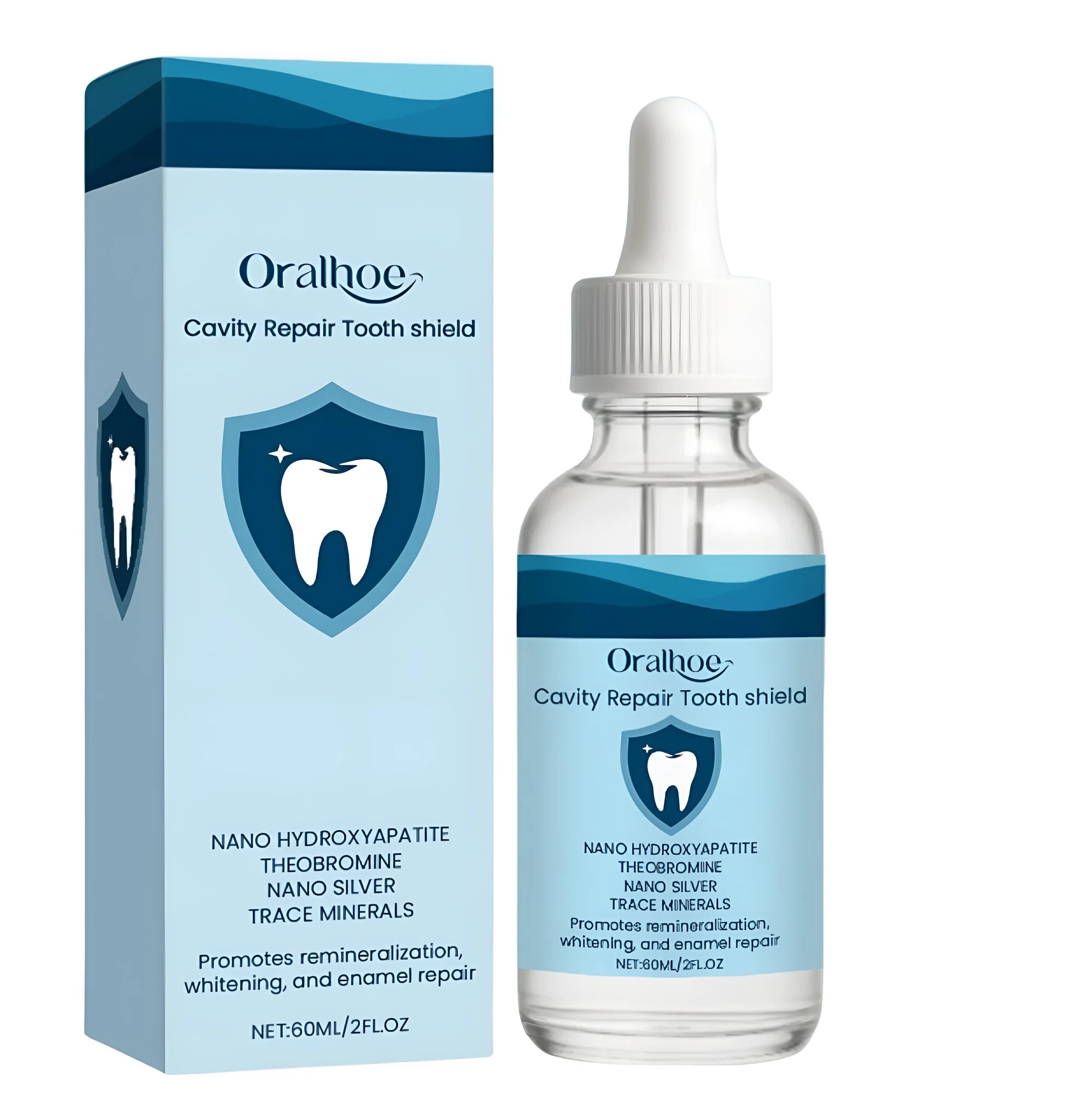 60ml bottle of dental restorative fluid with hydroxyapatite, theobromine and colloidal silver formula