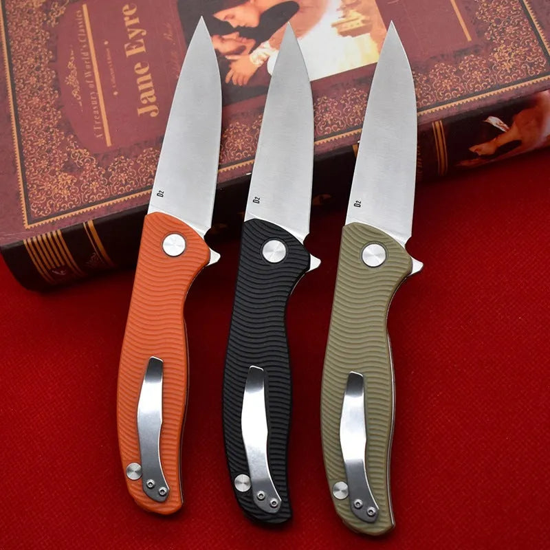 Outdoor folding knife with 9.6cm D2 steel blade and black nylon glass fibre handle