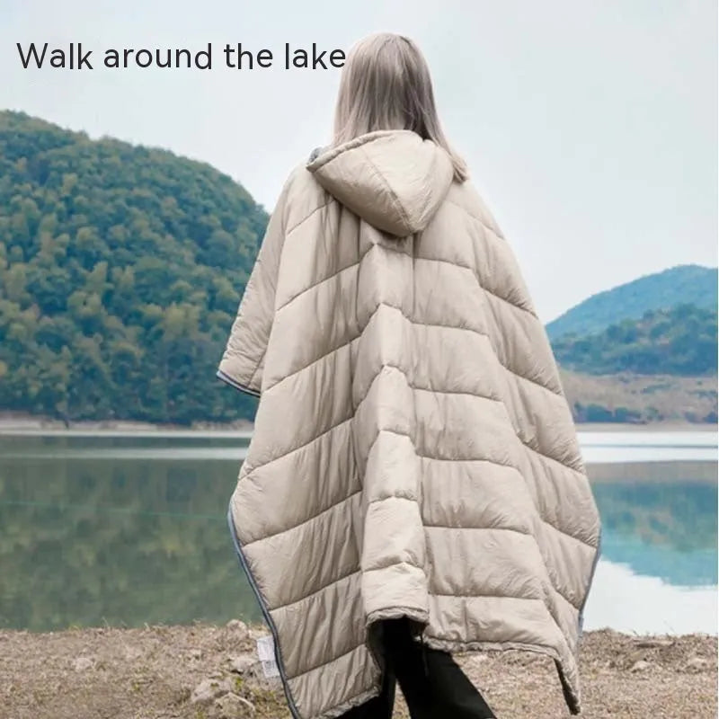 Adult-sized grey outdoor cloak sleeping bag with hood, laid out flat showing its 200cm length.