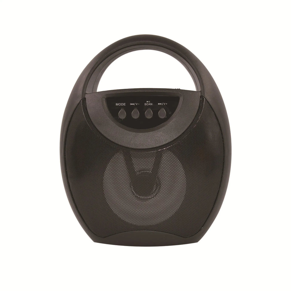 Portable Bluetooth speaker in black, blue, or pink with USB port and SD card slot